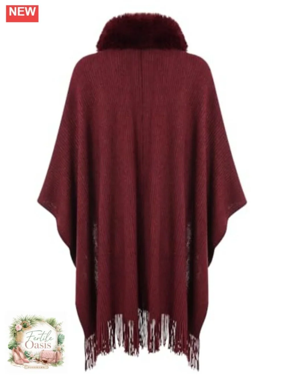 Faux Fur Collar Shawl Poncho Cape with Pockets
